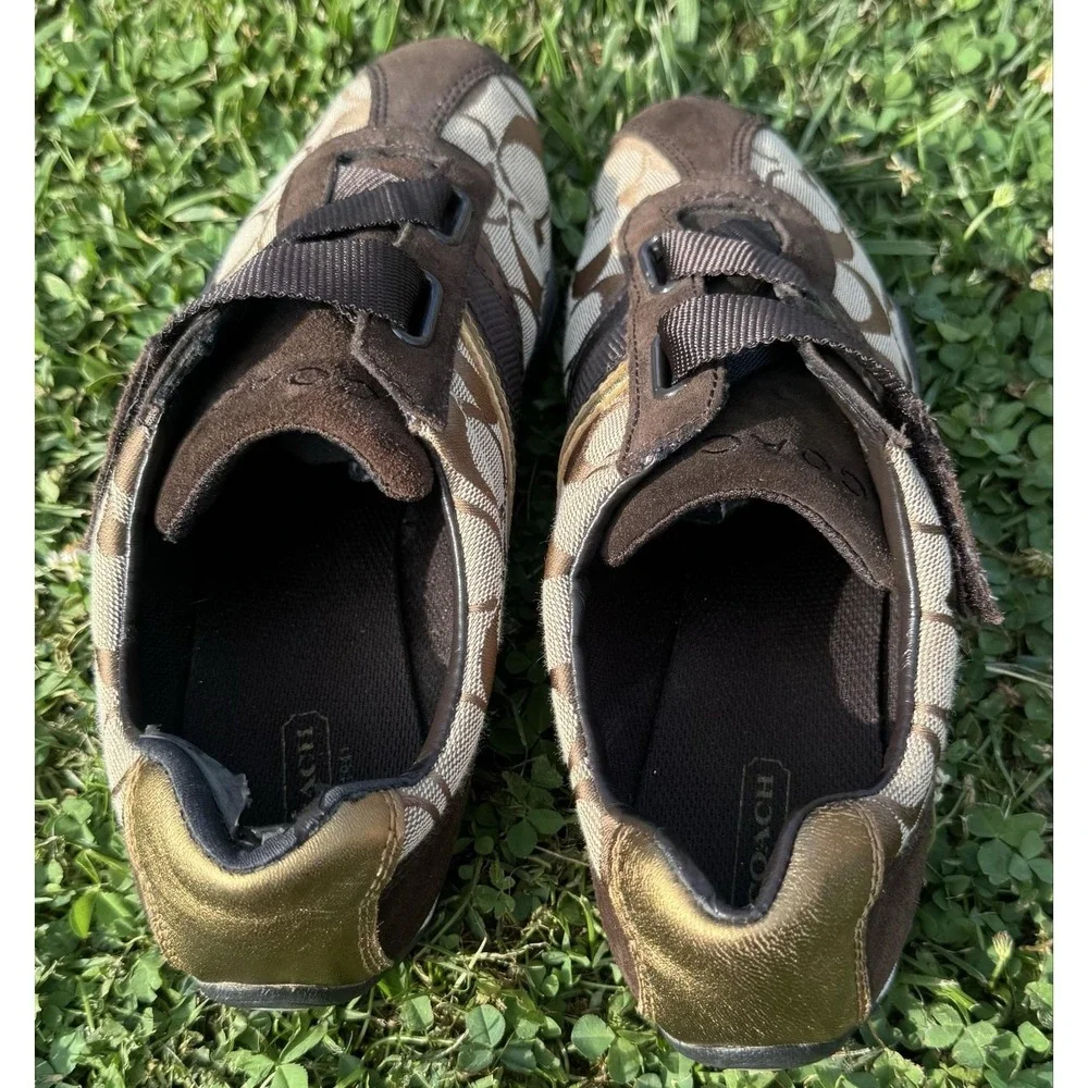 Coach Women's Signature Canvas Hook & Loop Sneakers Brown Khaki Logo Shoes